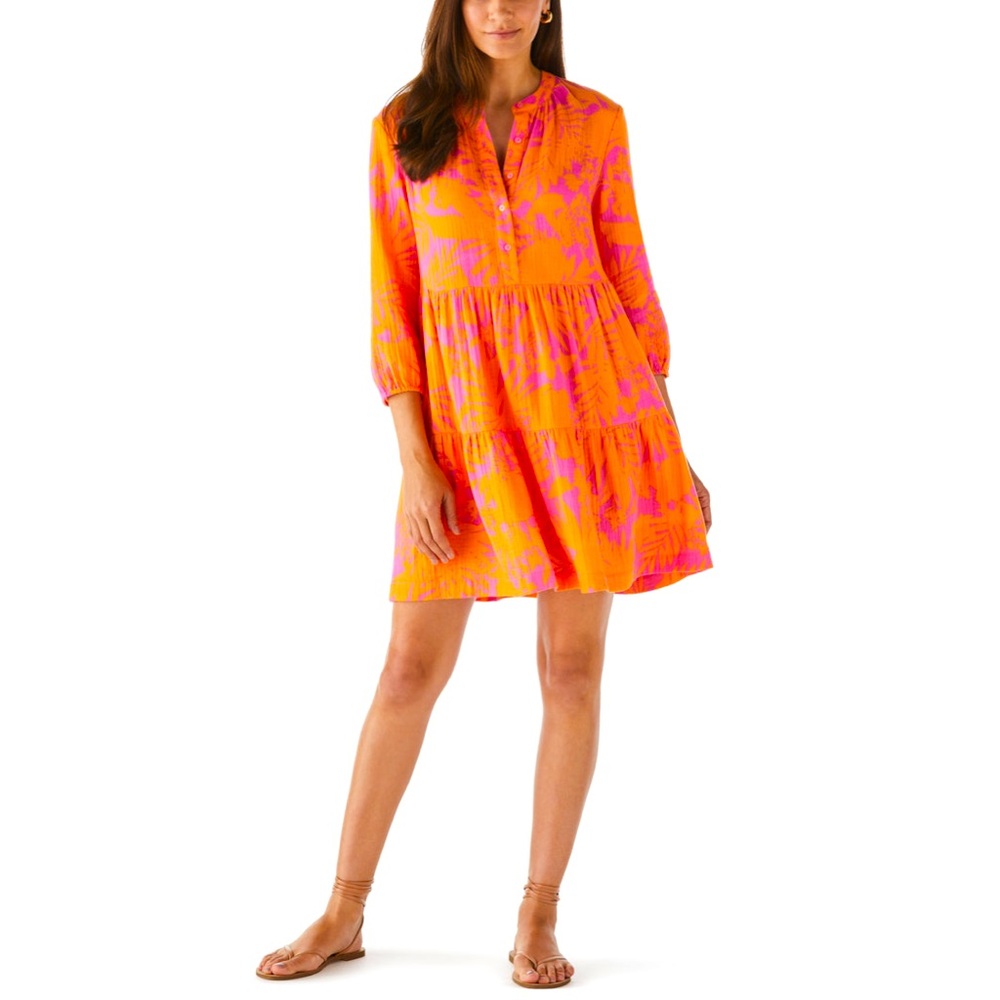 Ella Rafaella 100% Cotton Womens Large Tiered Babydoll Dress Floral Pink Orange